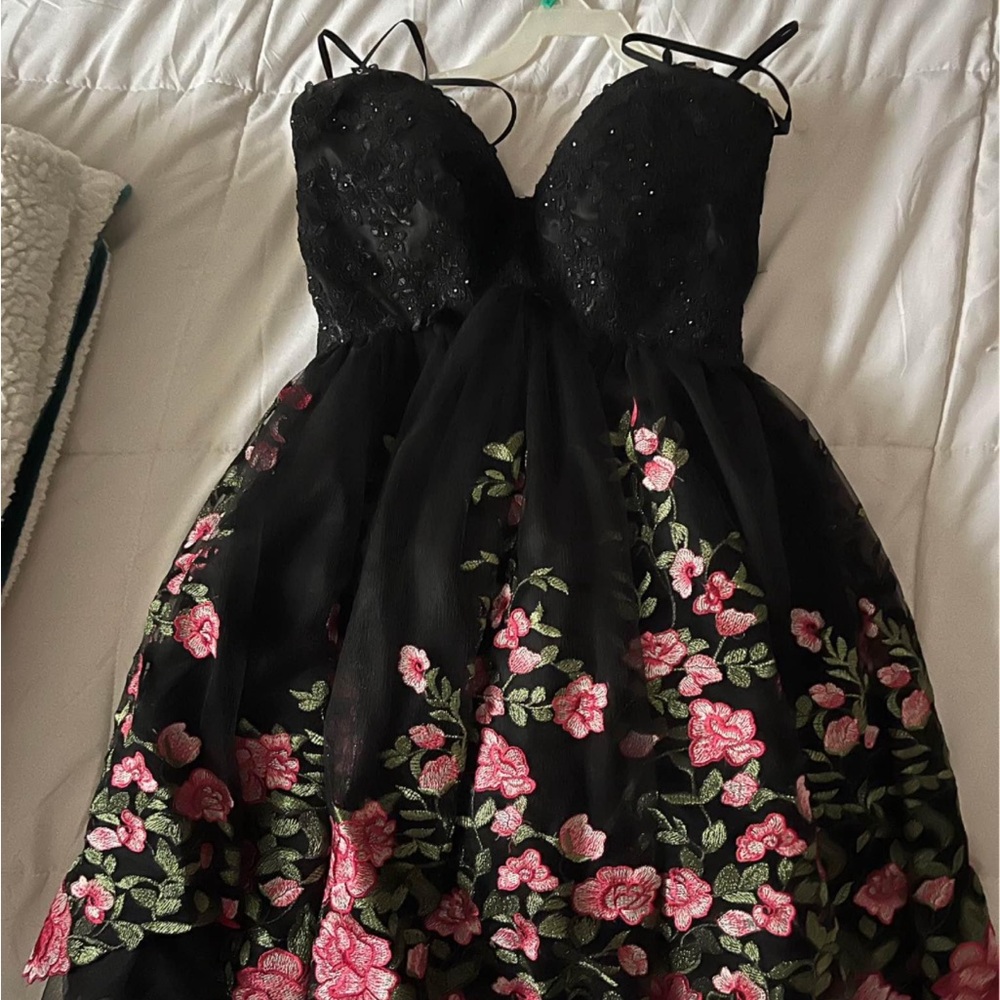 Elegant Black and Pink strapless Floral  Dress